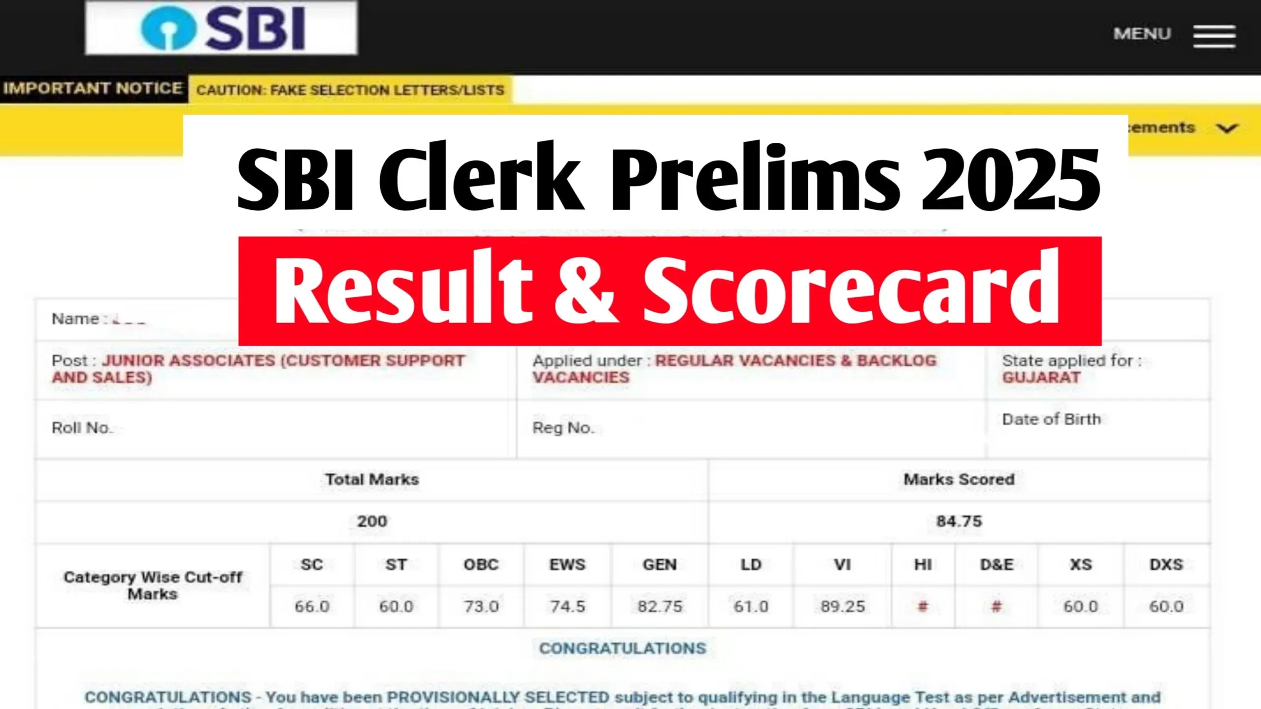 SBI Clerk Prelims Result 2025